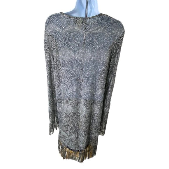 Vintage Bohemian Silver Metallic Flapper Fringe Longline Duster size 14 - Picture 2 of 5